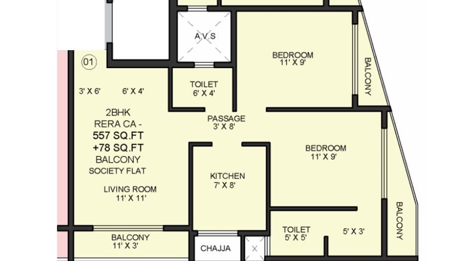 Shree-90-Nirvaana-Floor-Plan-2 BHK-635 Sqft